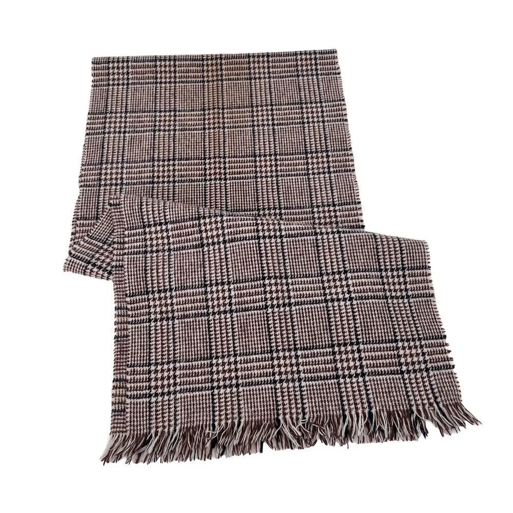 Vintage Hilltop Scotland 100% Wool Scarf Black Brown Plaid Unisex 54